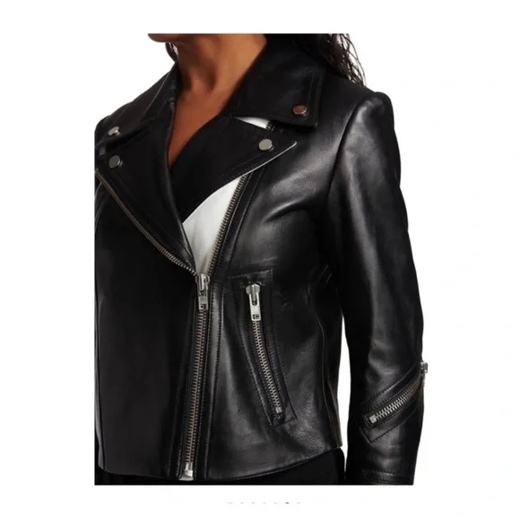 New! YIGAL AZROUEL Paneled Color Block Leather Moto Jacket in Black and White - Picture 7 of 13